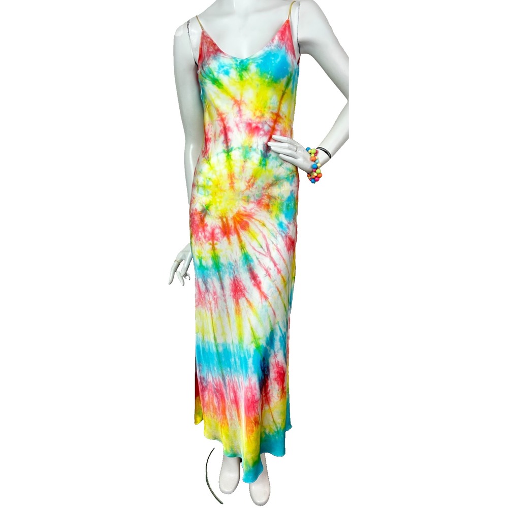Dannijo Multi Tie Dye Long Slip Dress S Small Luxury Vibrant Neon Festival EUC